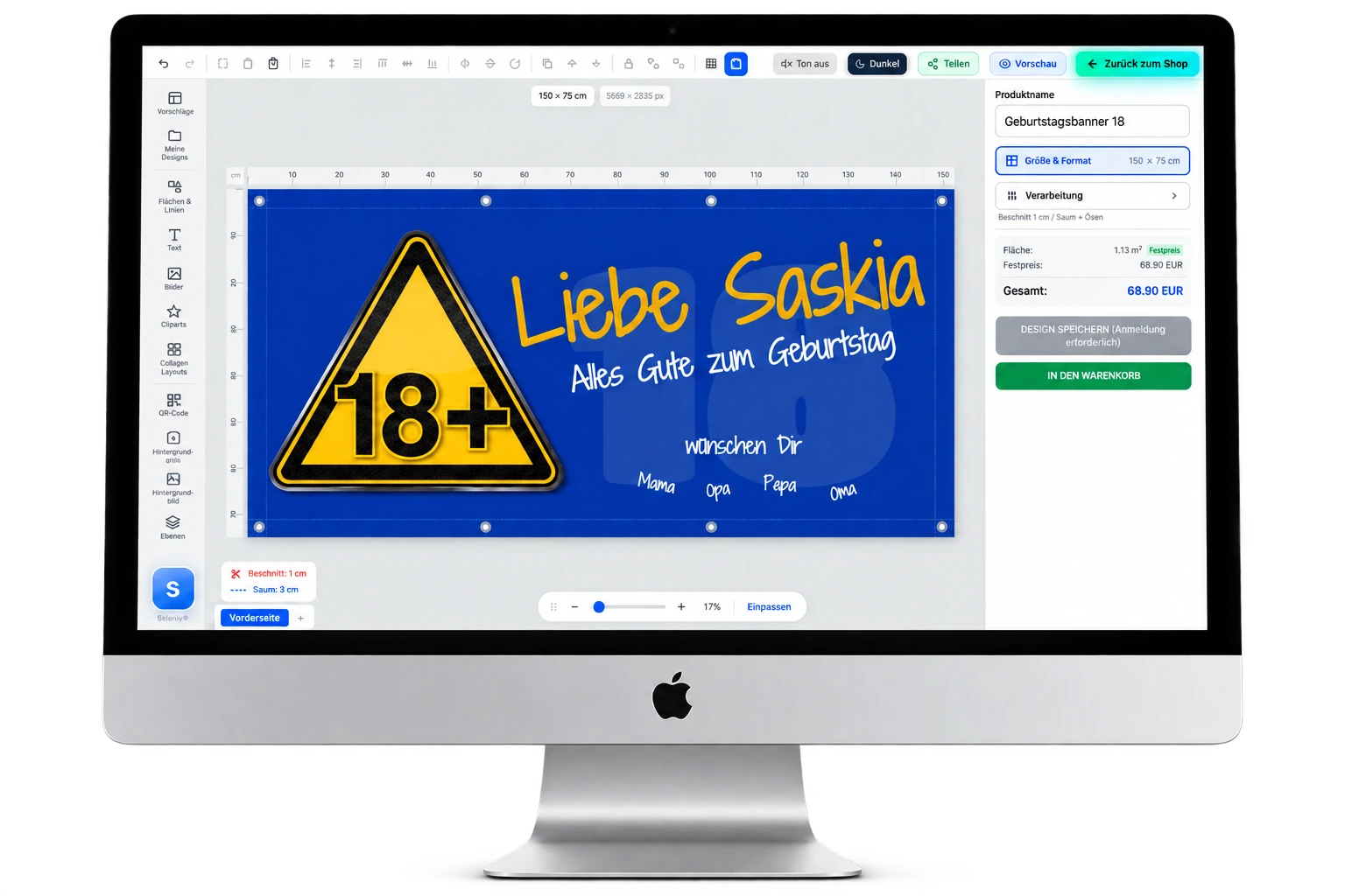 Silberner iMac mit Apple-Zeichen und dem Selenny® Designer mit einem Geburtstagsmotiv auf dem Bildschirm