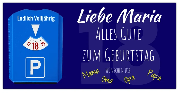 Blaues Geburtstagsbanner mit Parkscheibe zur Volljährigkeit
