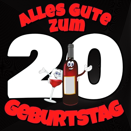 Geburtstagsmotiv zum 20. Geburtstag mit großer 20 und Flaschenfiguren auf schwarzem Hintergrund