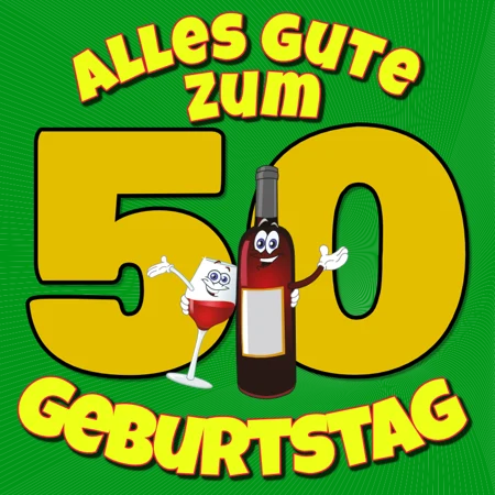 Geburtstagsmotiv zum 50. Geburtstag mit großer 50 und Flaschenfiguren auf grünem Hintergrund