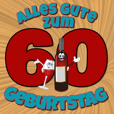 Geburtstagsmotiv zum 60. Geburtstag mit großer 60 und Flaschenfiguren auf orangem Hintergrund