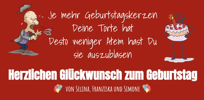 Rotes Geburtstagsbanner mit Glückwünschen, Torte und humorvoller Zeichnung