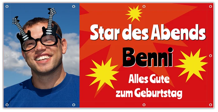 Geburtstagsbanner „Star des Abends“ mit Männerfoto, roter Fläche und Sternen