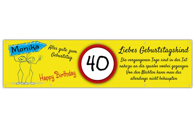 Gelbes Geburtstagsbanner mit großer 40 im Kreis und persönlichen Glückwünschen