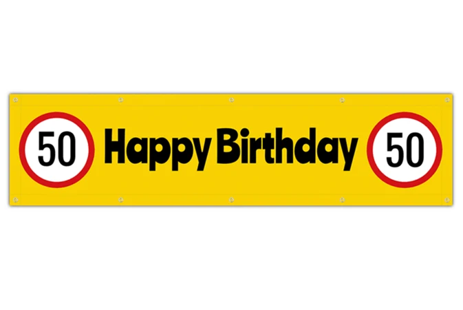 Gelbes Geburtstagsbanner mit „Happy Birthday“ und der Zahl 50