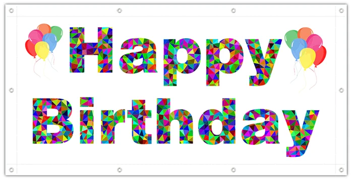 Weißes Geburtstagsbanner mit buntem Happy-Birthday-Schriftzug und Luftballons
