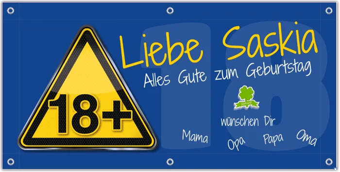 Blaues Geburtstagsbanner zum 18. Geburtstag mit gelbem Warnschild und Glücksklee