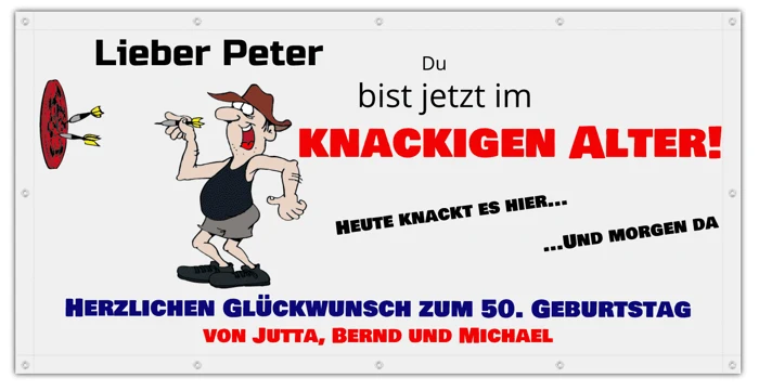 Geburtstagsbanner „Knackiges Alter“ mit Comicfigur und Glückwünschen zum 50. Geburtstag