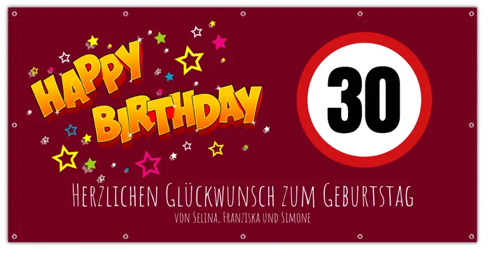 Rotes Geburtstagsbanner mit goldenen Sternen und der Zahl 30