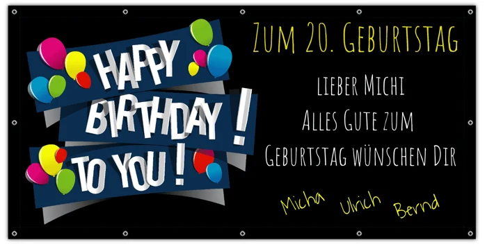 Schwarzes Geburtstagsbanner zum 20. Geburtstag mit buntem Happy-Birthday-Schriftzug
