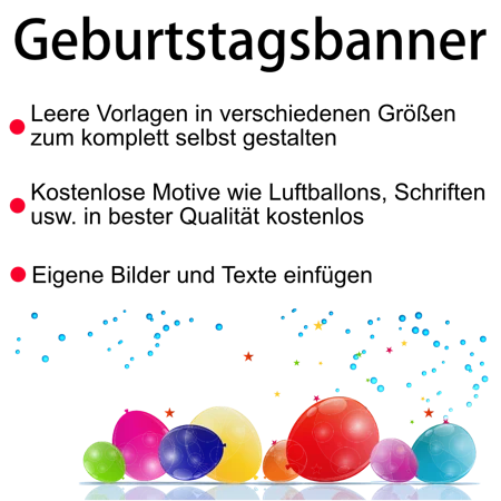 Beispiel für freie Geburtstagsbanner-Gestaltung mit Luftballons und Hinweis auf eigene Fotos