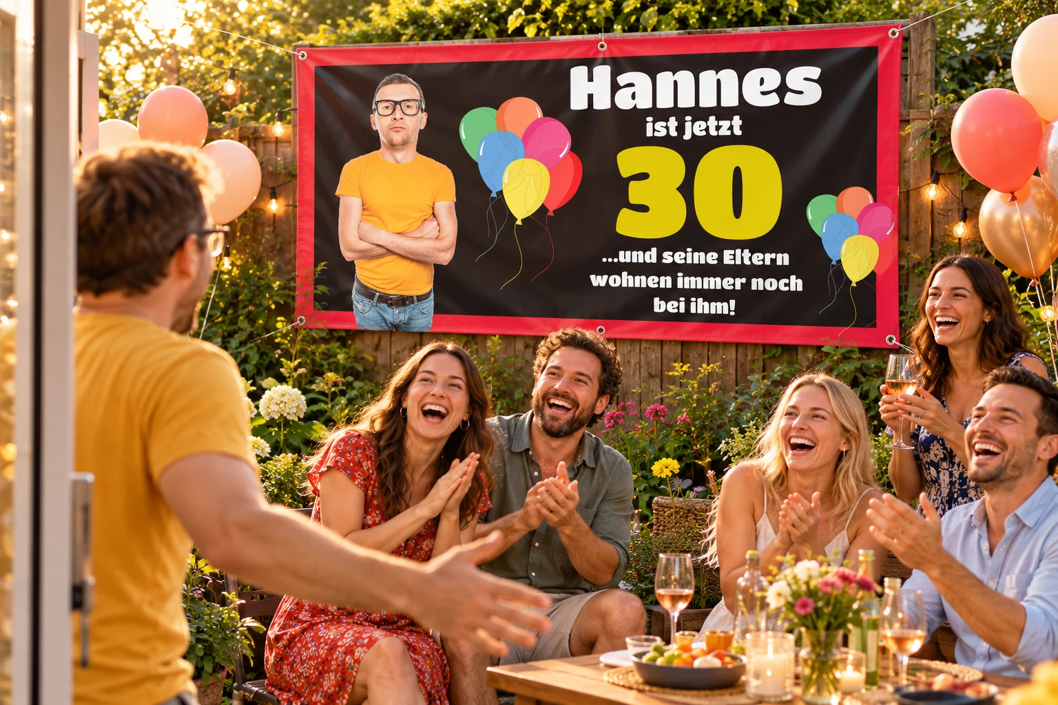 Illustrative Gartenszene mit Geburtstagsbanner zum 30. Geburtstag, persönlichen Grüßen und feiernden Freunden
