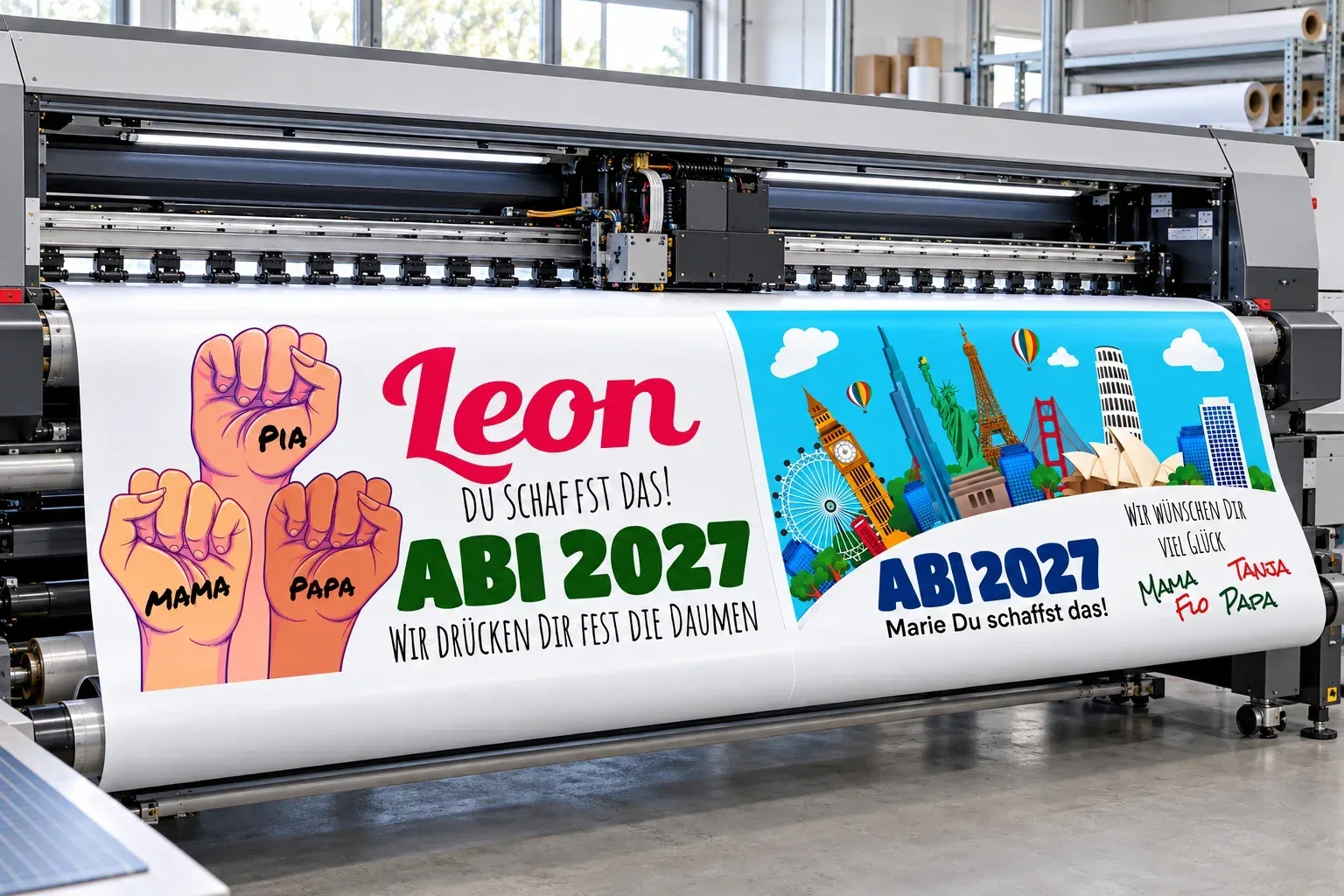 Großer Digitaldrucker mit zwei nebeneinander gedruckten Abi-Bannern: Leon mit Daumen-Motiv und Marie mit Weltreise-Motiv