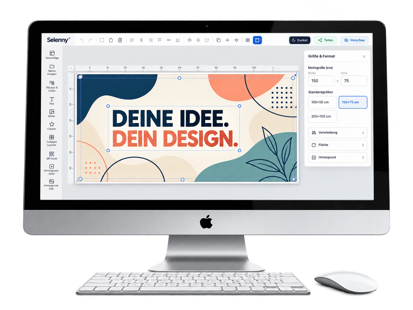Selenny® Designer auf einem Mac: eigene Gestaltung und sichtbare Maßfelder, neutrale Produktillustration