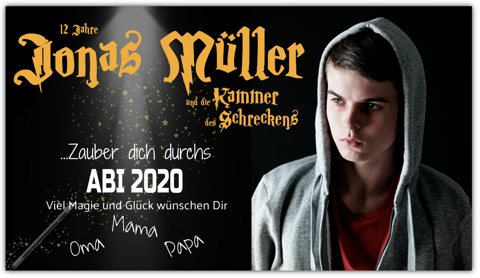 Abimotiv mit einer Zaubererfigur auf dunklem Hintergrund