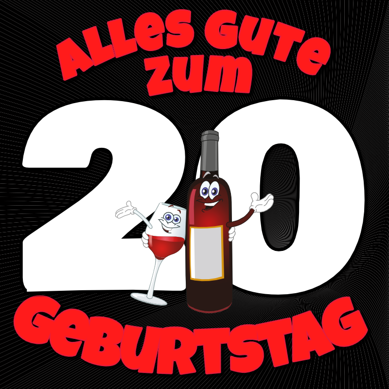 Geburtstagsmotiv zum 20. Geburtstag mit großer 20 und Flaschenfiguren auf schwarzem Hintergrund