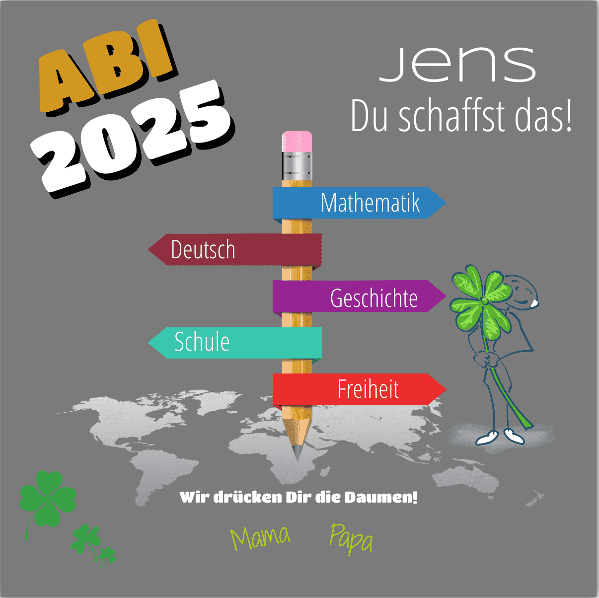 Abimotiv mit bunten Richtungsschildern und Glücksklee