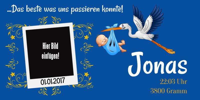 Banner zur Geburt · Storch für Jungen mit Storch, blauem Hintergrund und Platz für ein Babyfoto