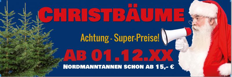 Christbaumbanner 300 × 100 cm mit blauem Hintergrund, Nikolaus und Tannenbäumen