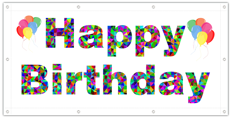 Weißes Geburtstagsbanner mit buntem Happy-Birthday-Schriftzug und Luftballons