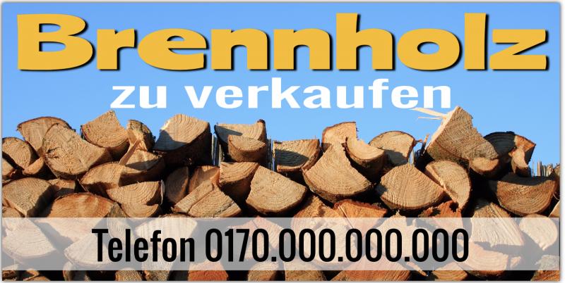 Brennholzverkauf · Banner mit Holzscheiten mit Holzscheiten vor blauem Hintergrund