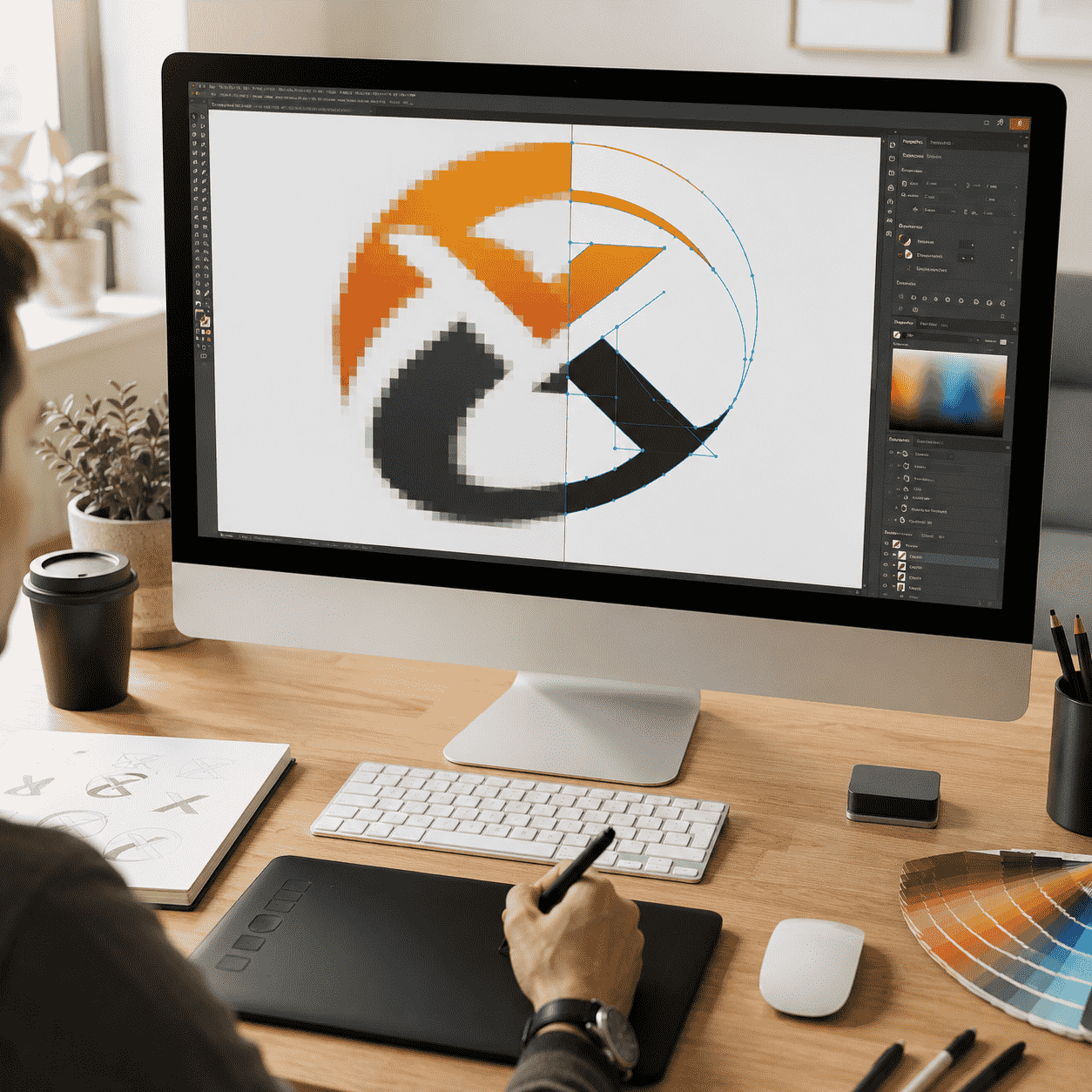 Arbeitsplatz mit Logo-Entwurf auf einem Monitor als Beispiel für Vektorisierung