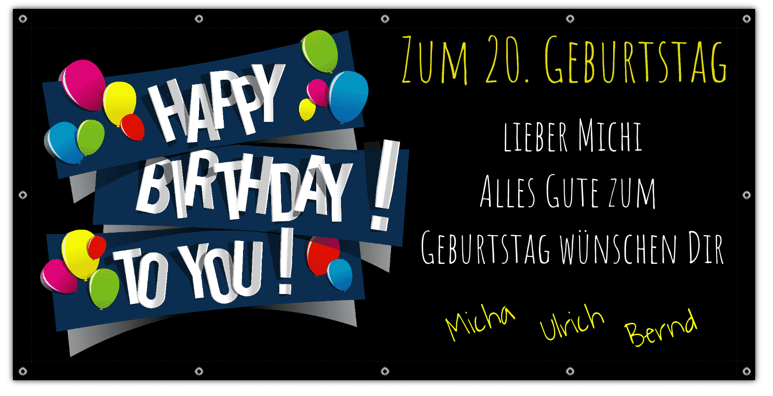 Schwarzes Geburtstagsbanner zum 20. Geburtstag mit buntem Happy-Birthday-Schriftzug