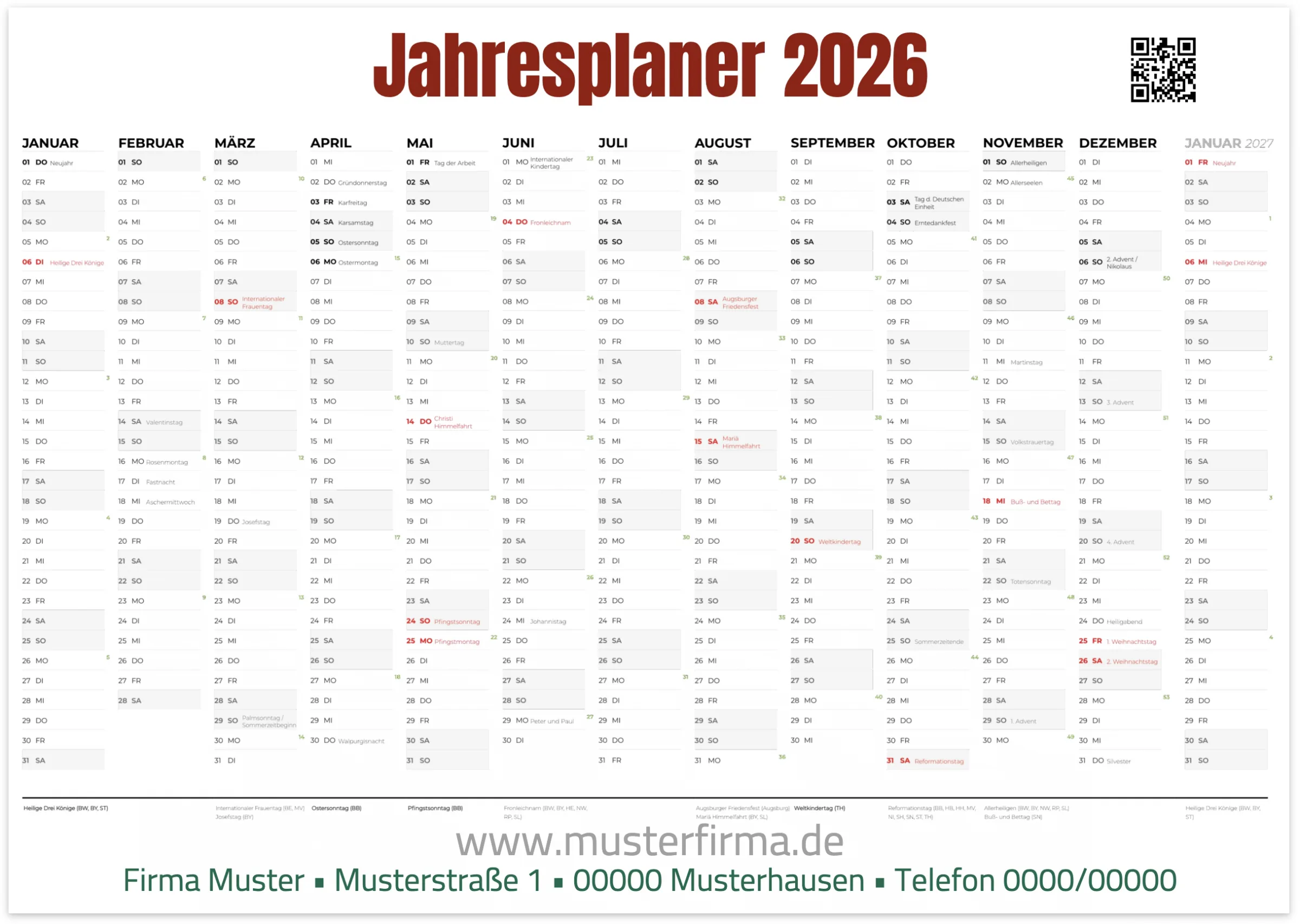 Wandkalender mit Jahresübersicht und Kontaktbereich