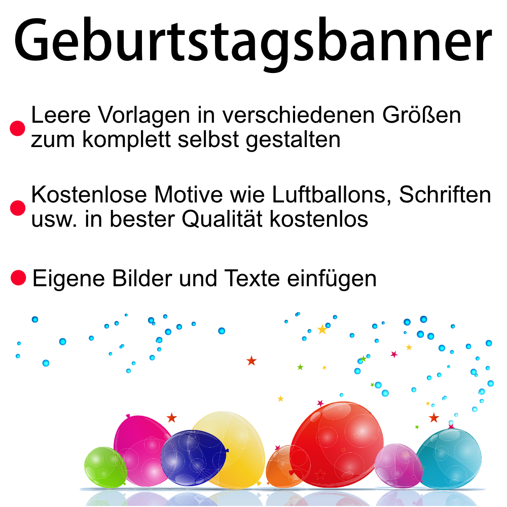Beispiel für freie Geburtstagsbanner-Gestaltung mit Luftballons und Hinweis auf eigene Fotos