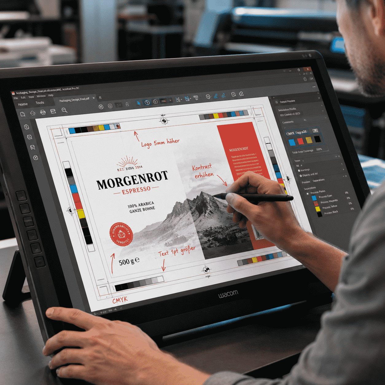 Bearbeitung einer Druckdatei auf einem Grafiktablet