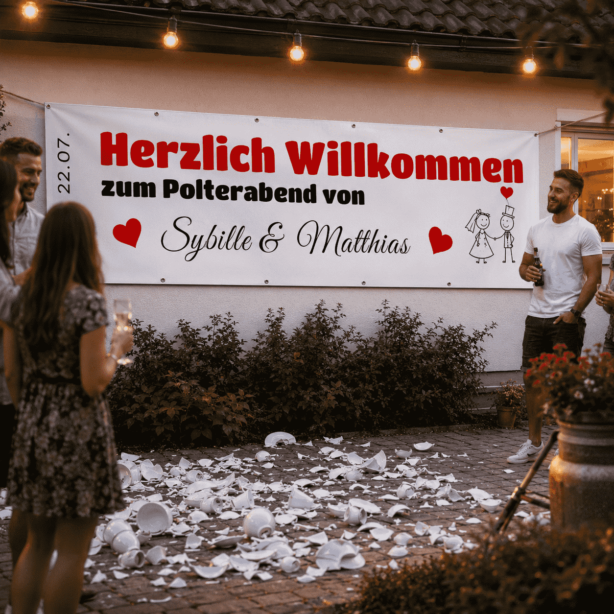 Weißes Willkommensbanner zum Polterabend mit persönlichem Namenszug