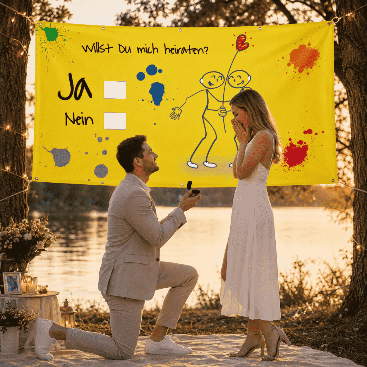 Gelbes Heiratsantrag-Banner mit Paarzeichnung als Anwendung im Freien
