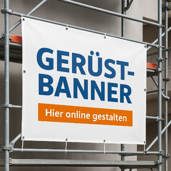 Weißes Mesh-Gerüstbanner mit blauem Schriftzug am Gerüst
