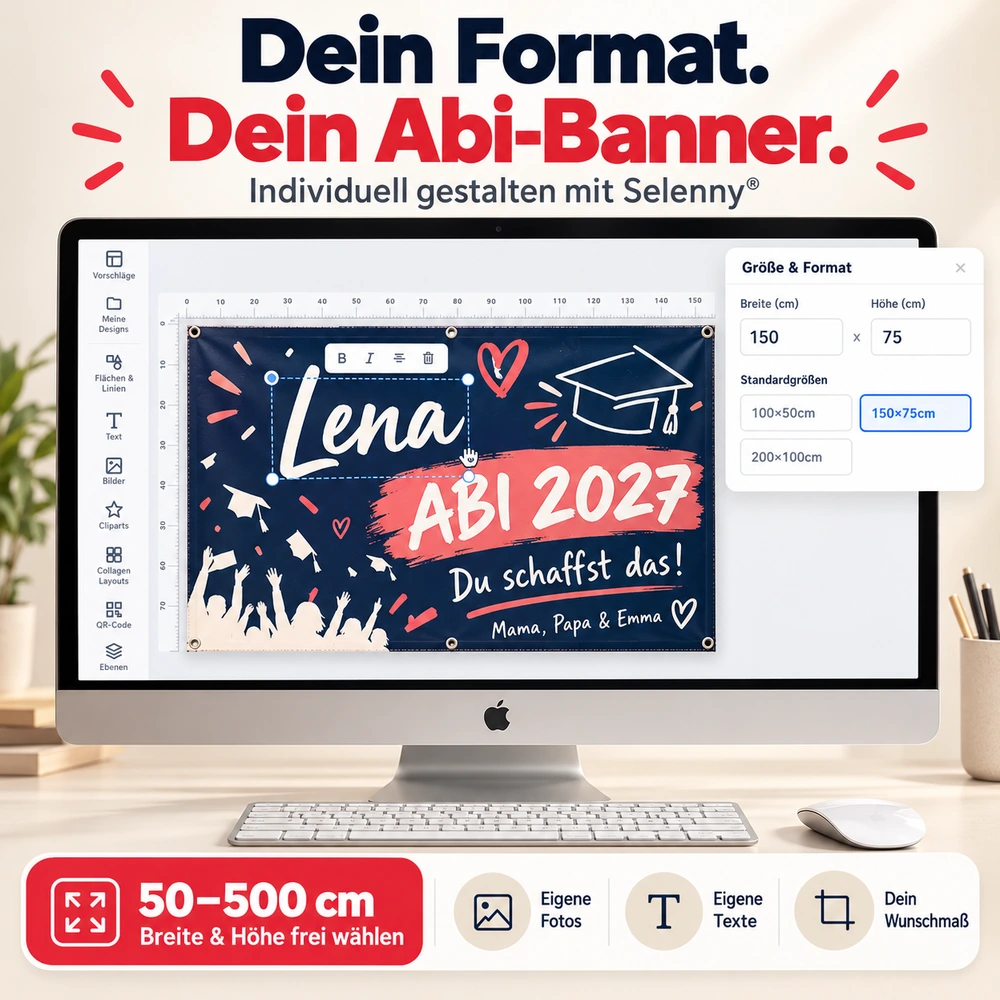 Mac mit Selenny® Designer und Beispiel eines Abibanners im Wunschformat