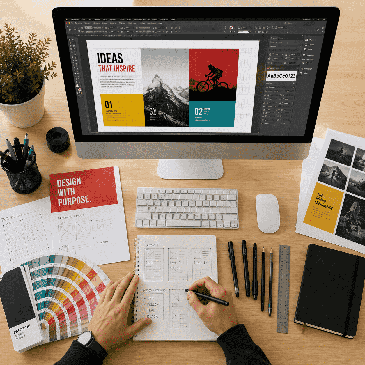 Grafikarbeitsplatz mit Monitor, Farbfächer und Druckmustern