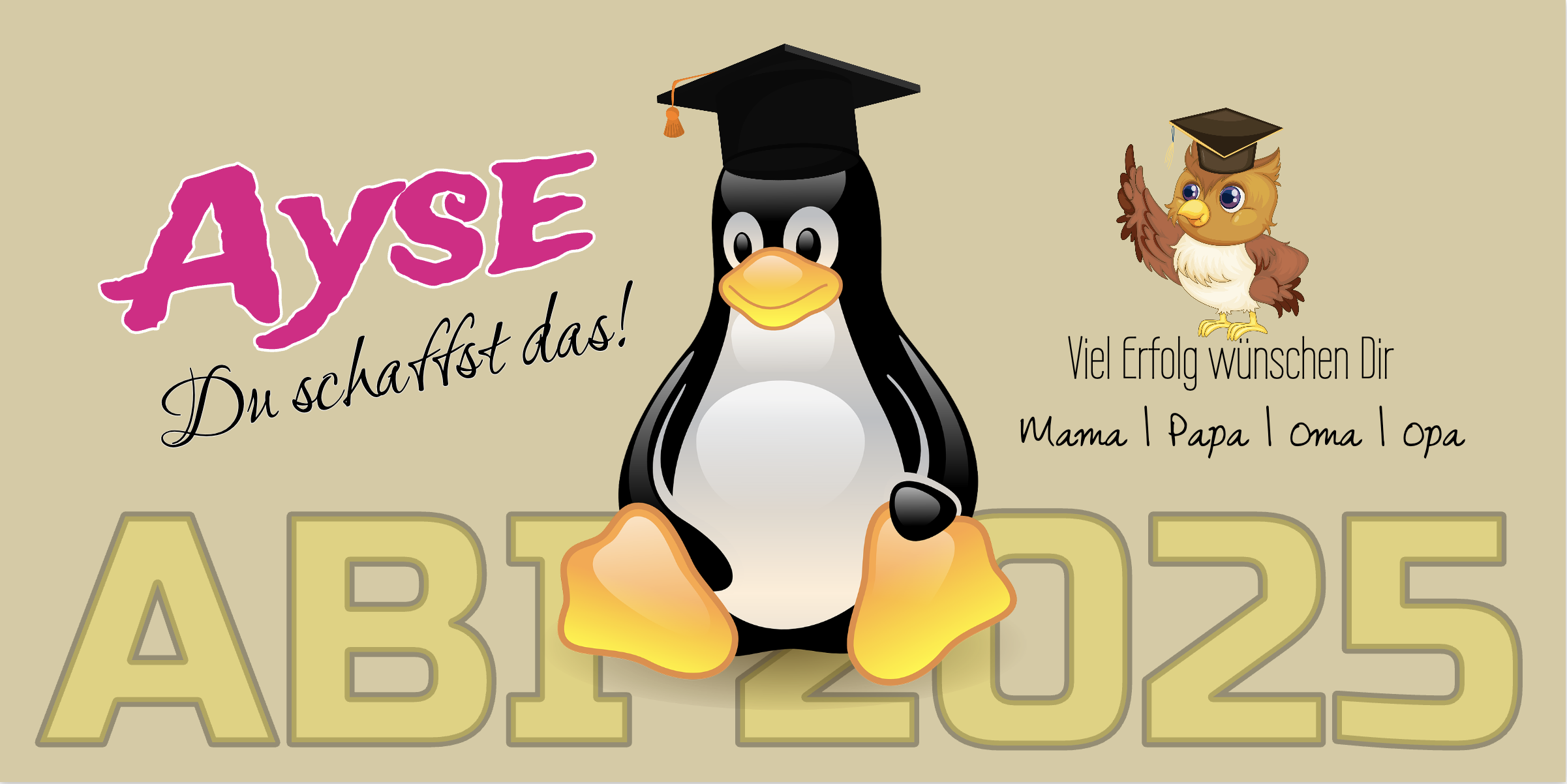 Abimotiv mit Pinguin, Eule und Doktorhut