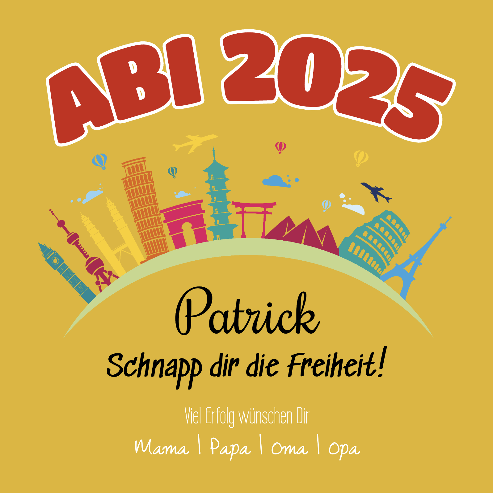 Abimotiv mit bunten Wahrzeichen auf gelbem Hintergrund