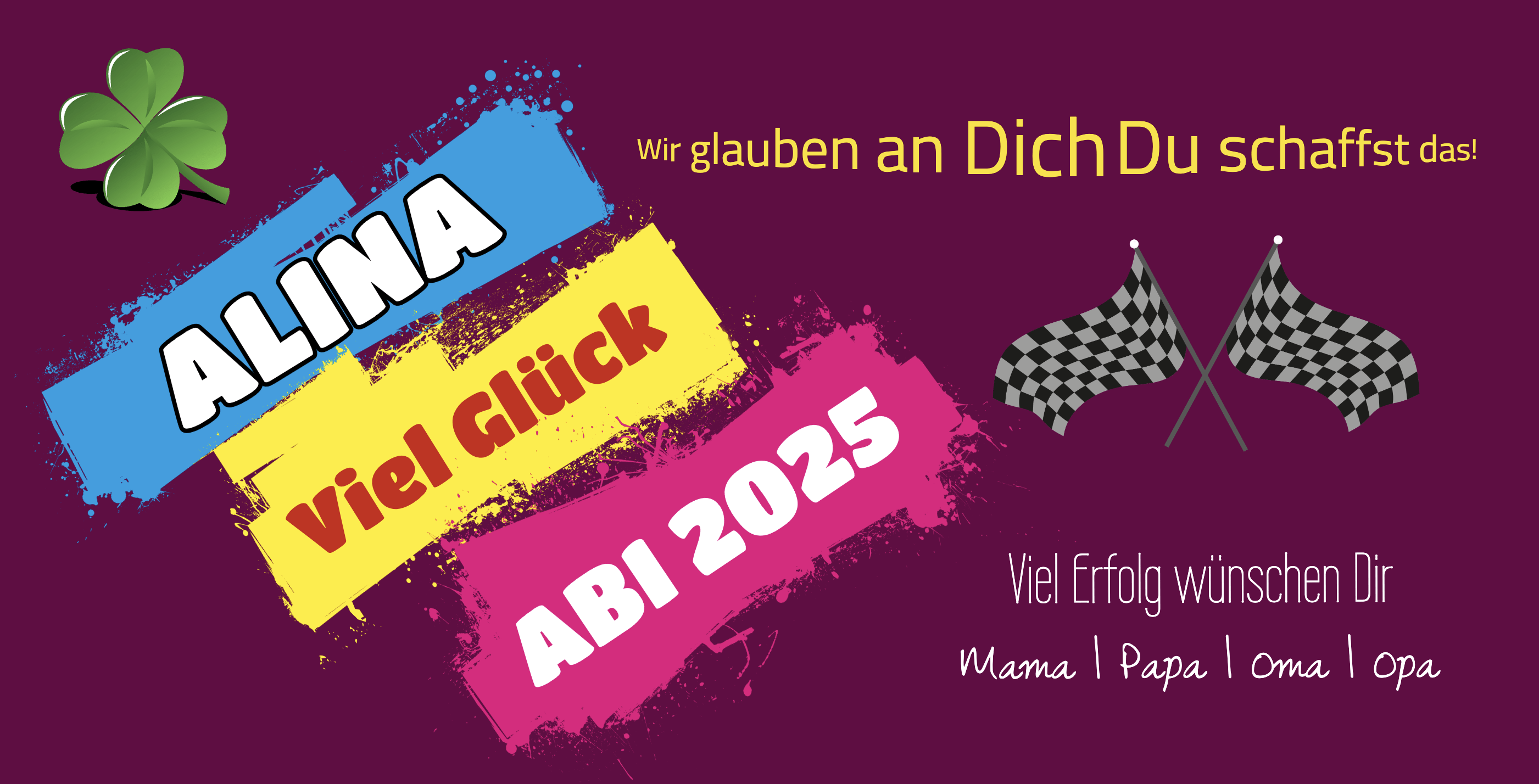 Abimotiv mit Glücksklee, Zielflaggen und bunten Farbflächen