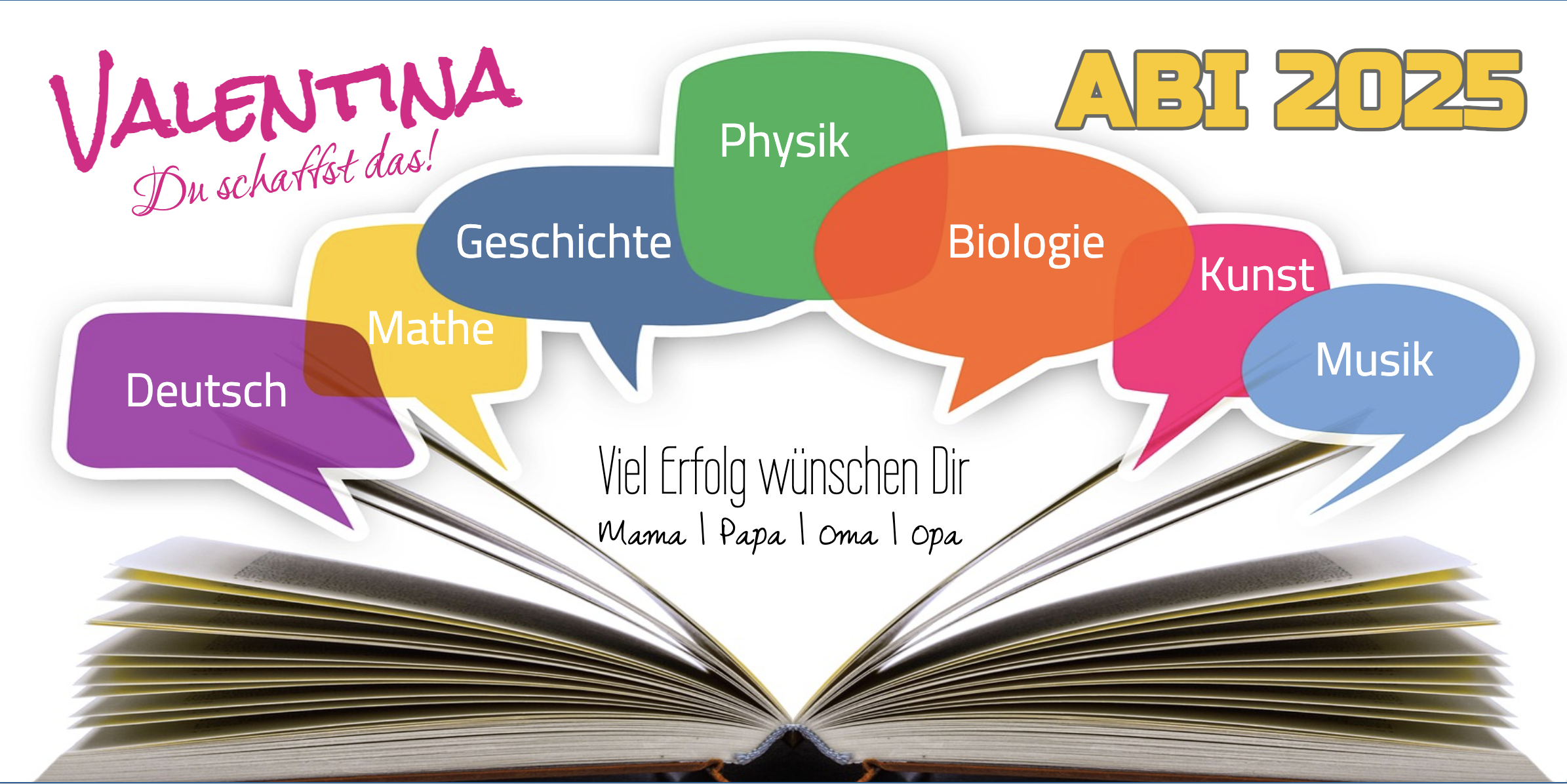 Abimotiv mit einem offenen Buch und Schulfächern in Sprechblasen