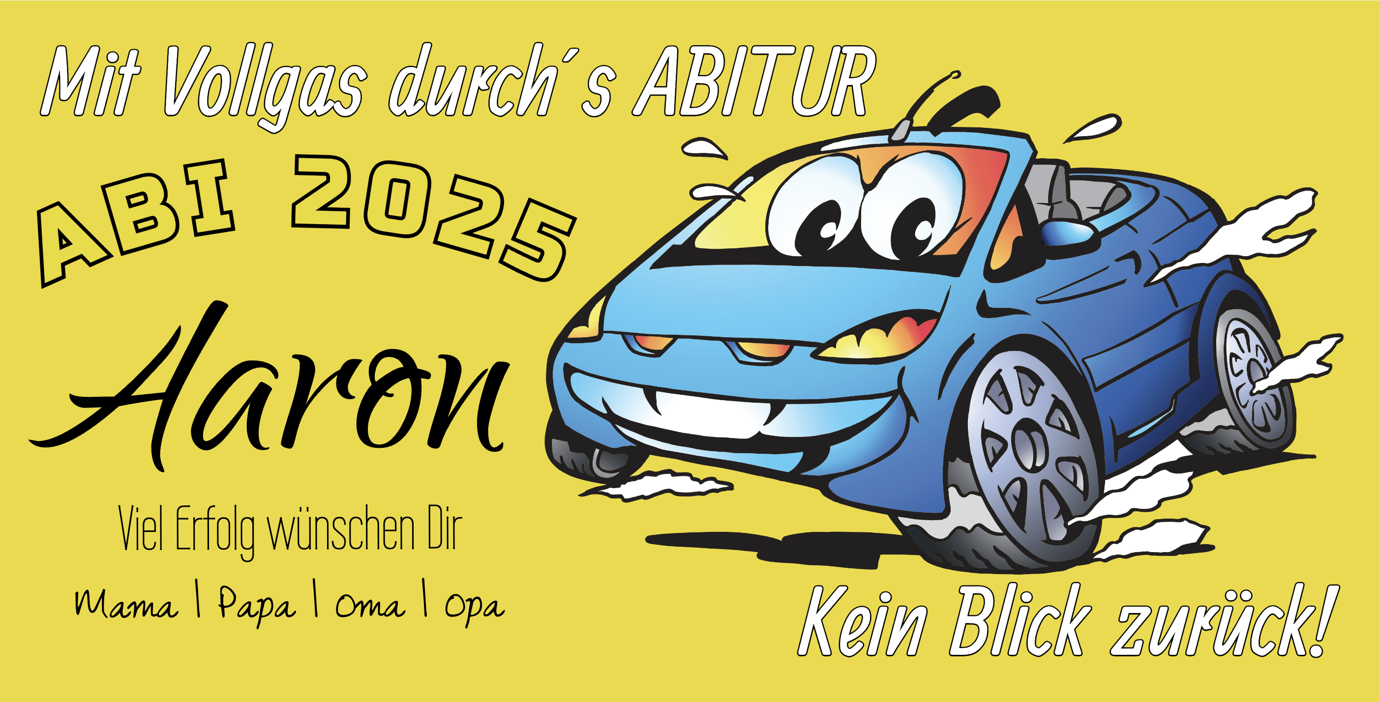 Abimotiv mit einem blauen Comic-Rennauto