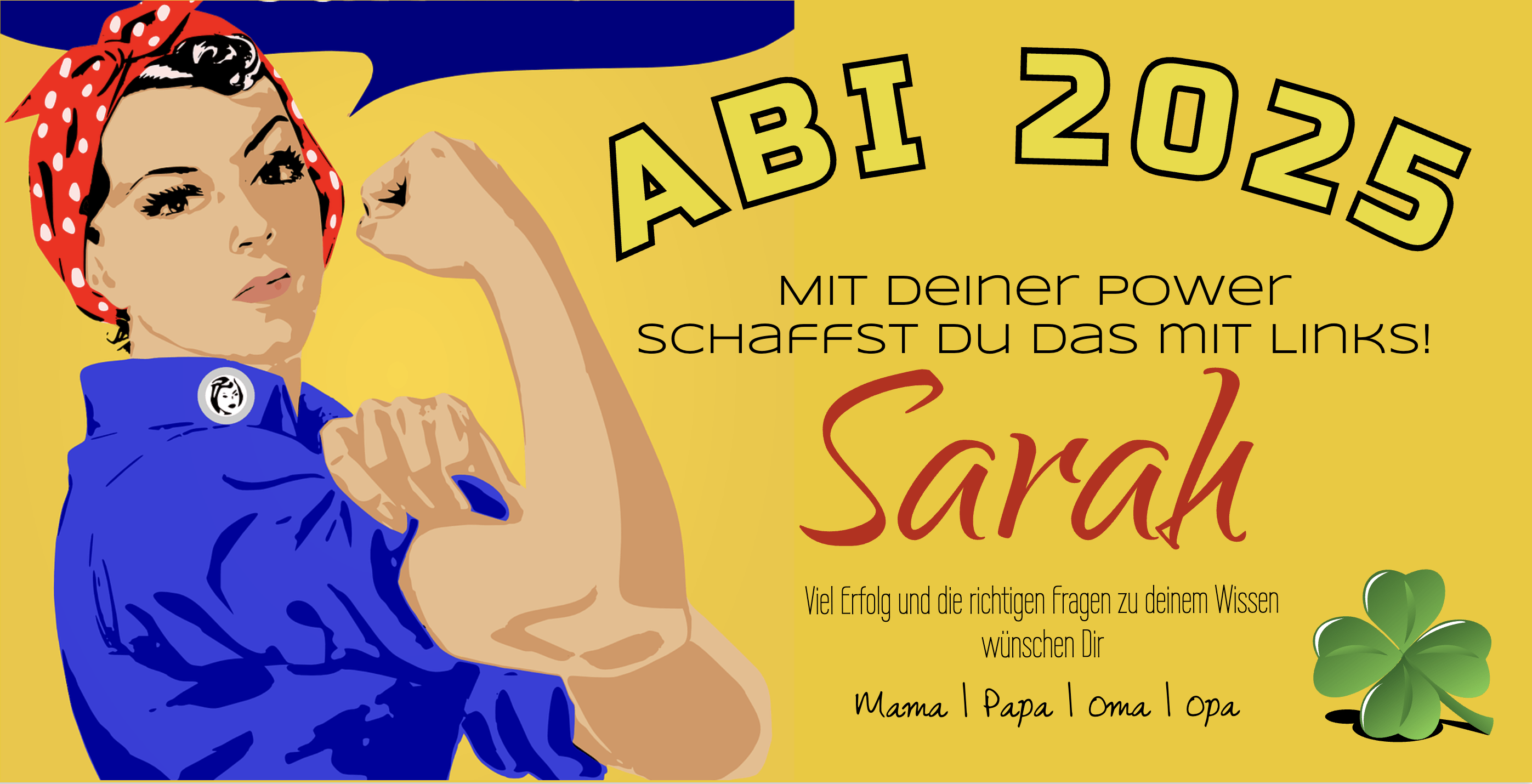 Abimotiv mit einer starken Comicfigur auf gelbem Hintergrund