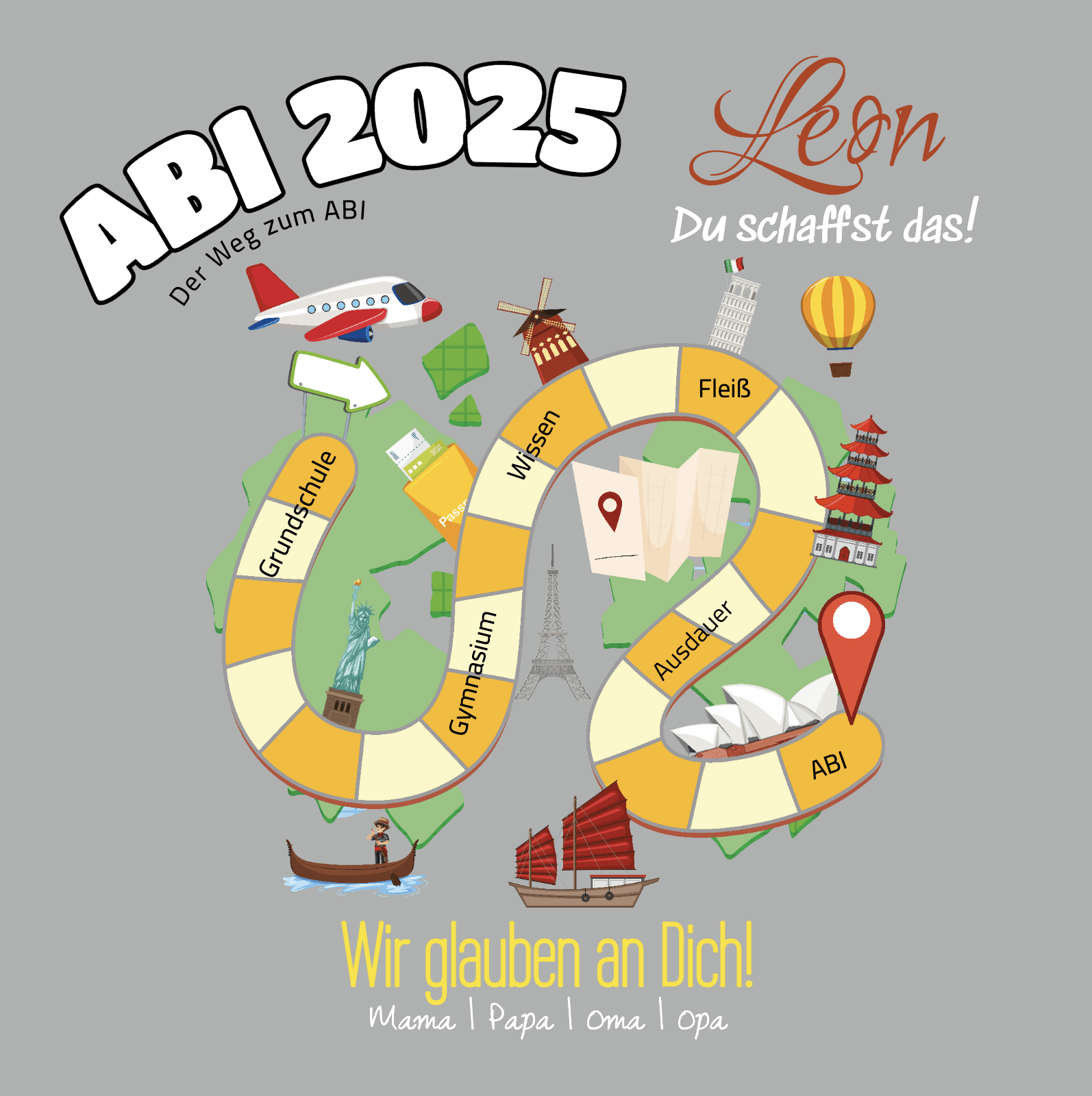 Abimotiv mit einem geschwungenen Weg und Schulsymbolen