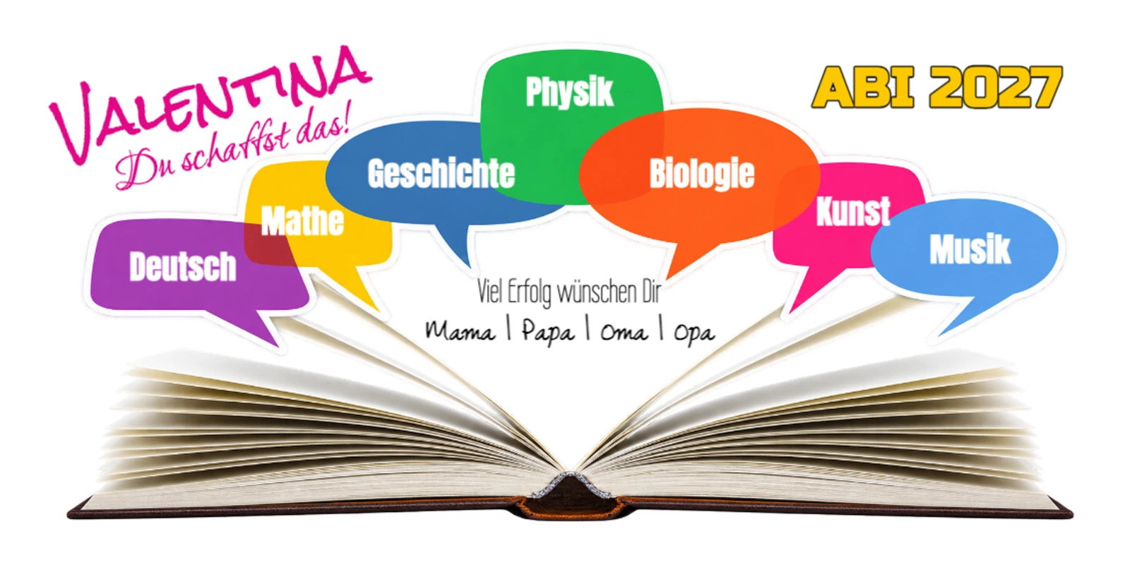 Abiplakat mit Schulbuch Abimotiv mit einem offenen Buch und Schulfächern in Sprechblasen