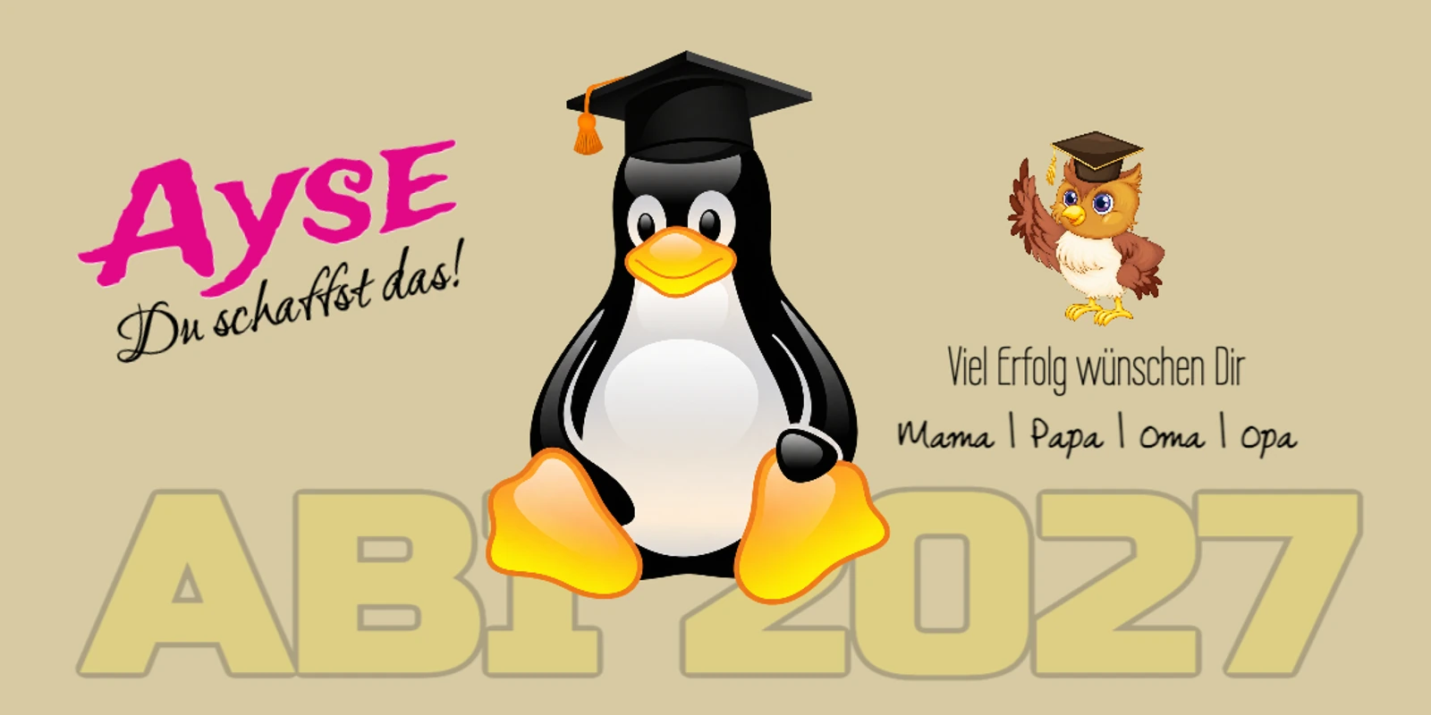 Abimotiv mit Pinguin, Eule und Doktorhut