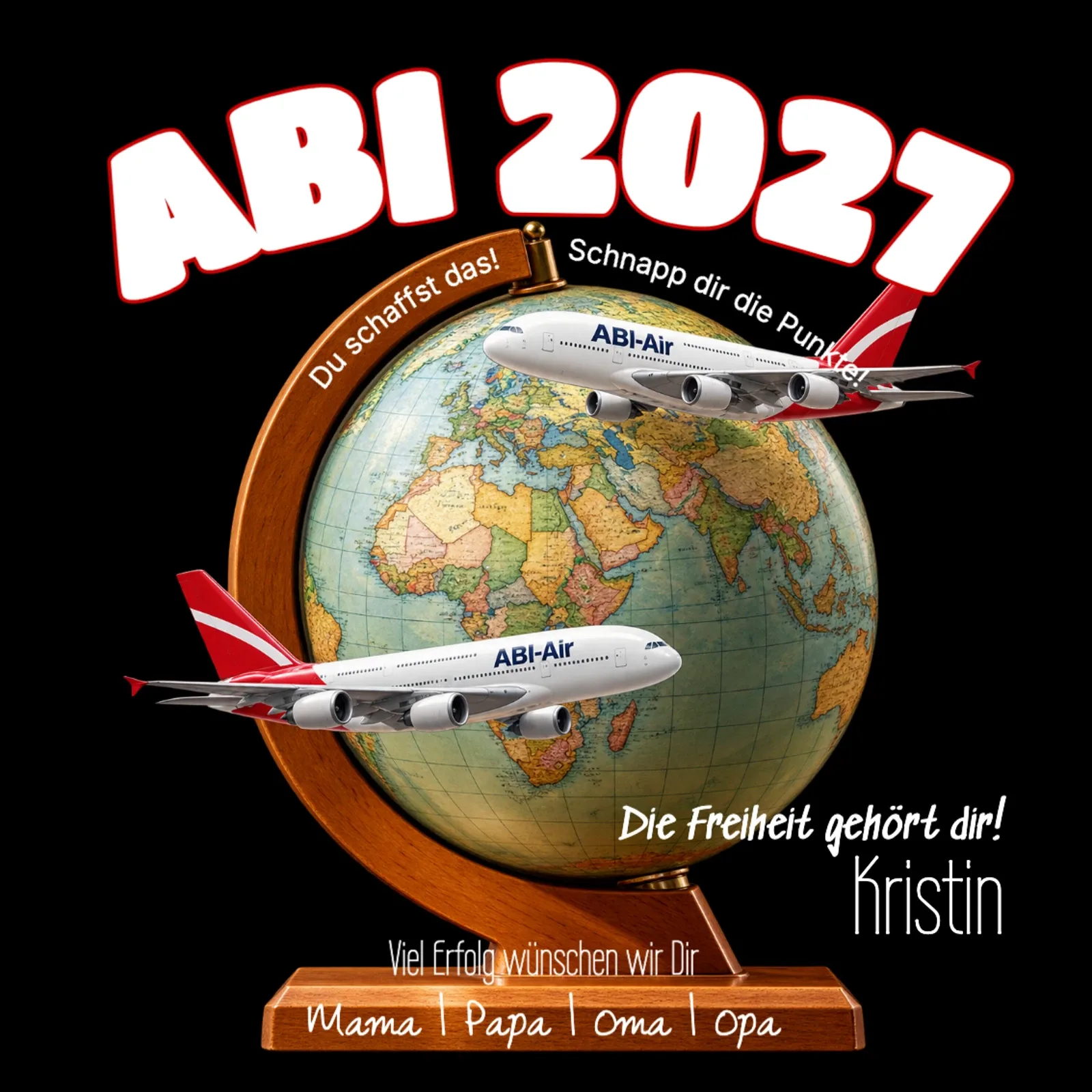 Abibanner mit Reiseziel-Motiv Abimotiv mit einem Reisepass und dem Blick in die Freiheit