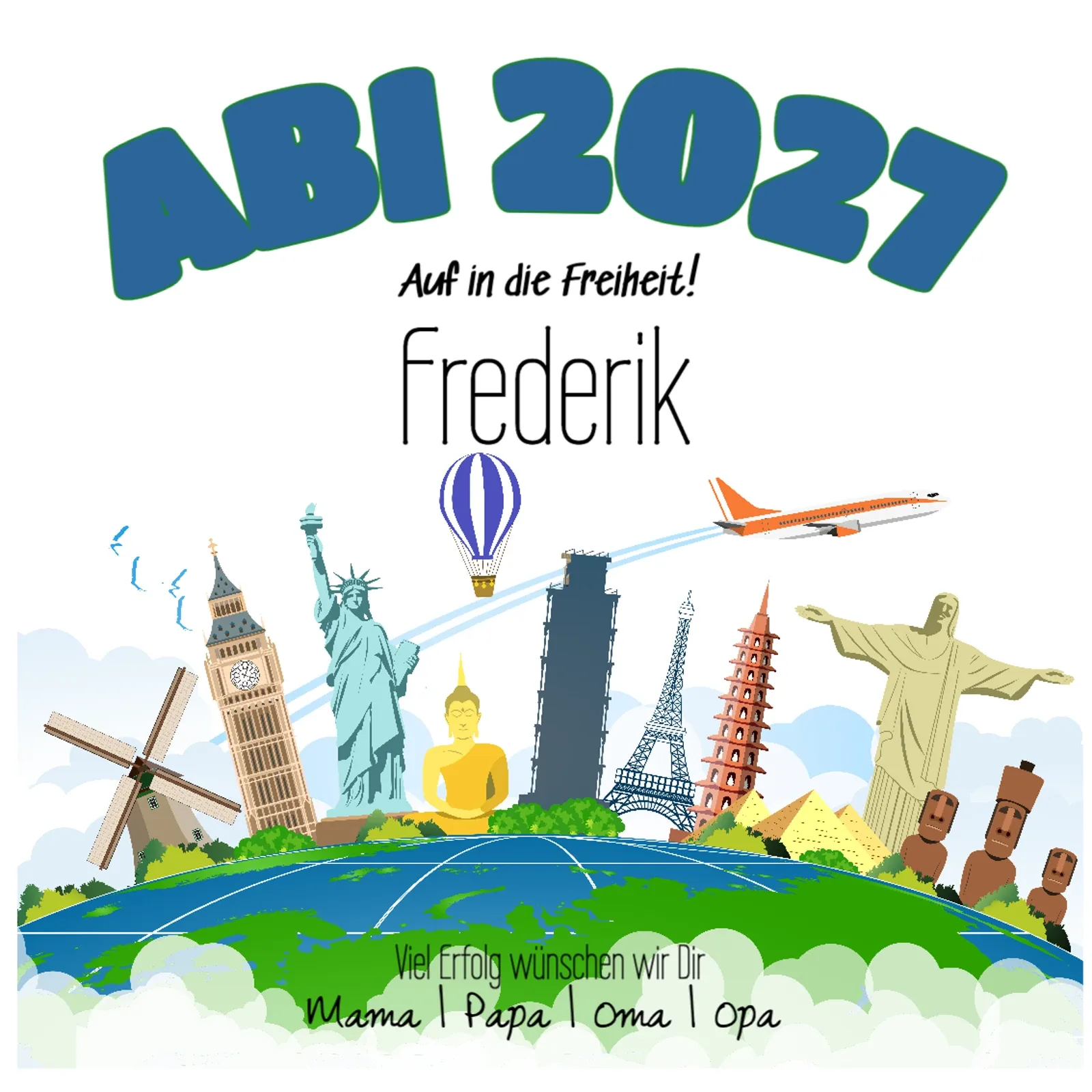 Abiplakat mit Weltreise-Motiv Abimotiv mit internationalen Wahrzeichen und einem Flugzeug