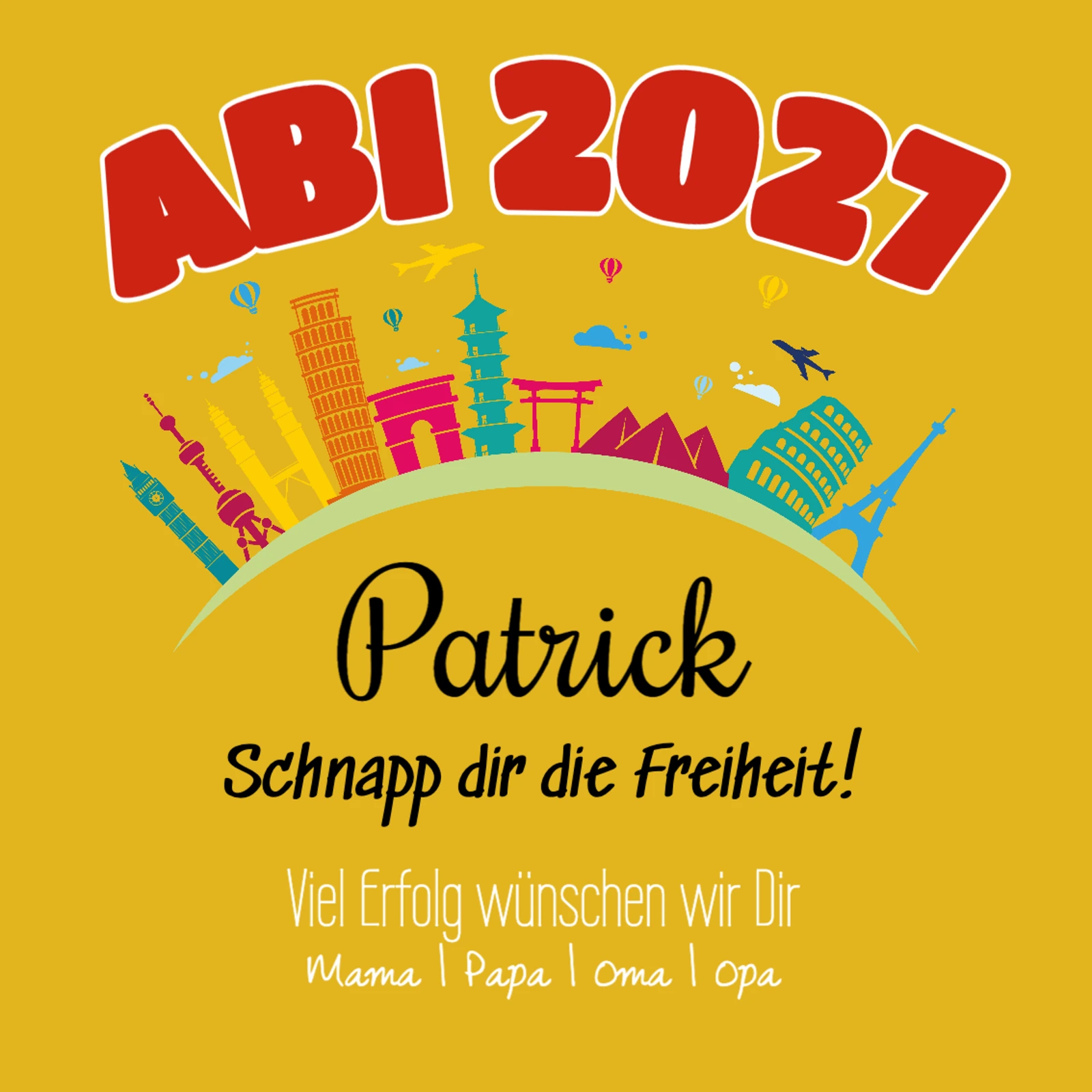 Abi-Poster mit Weltreise-Illustration Abimotiv mit bunten Wahrzeichen auf gelbem Hintergrund
