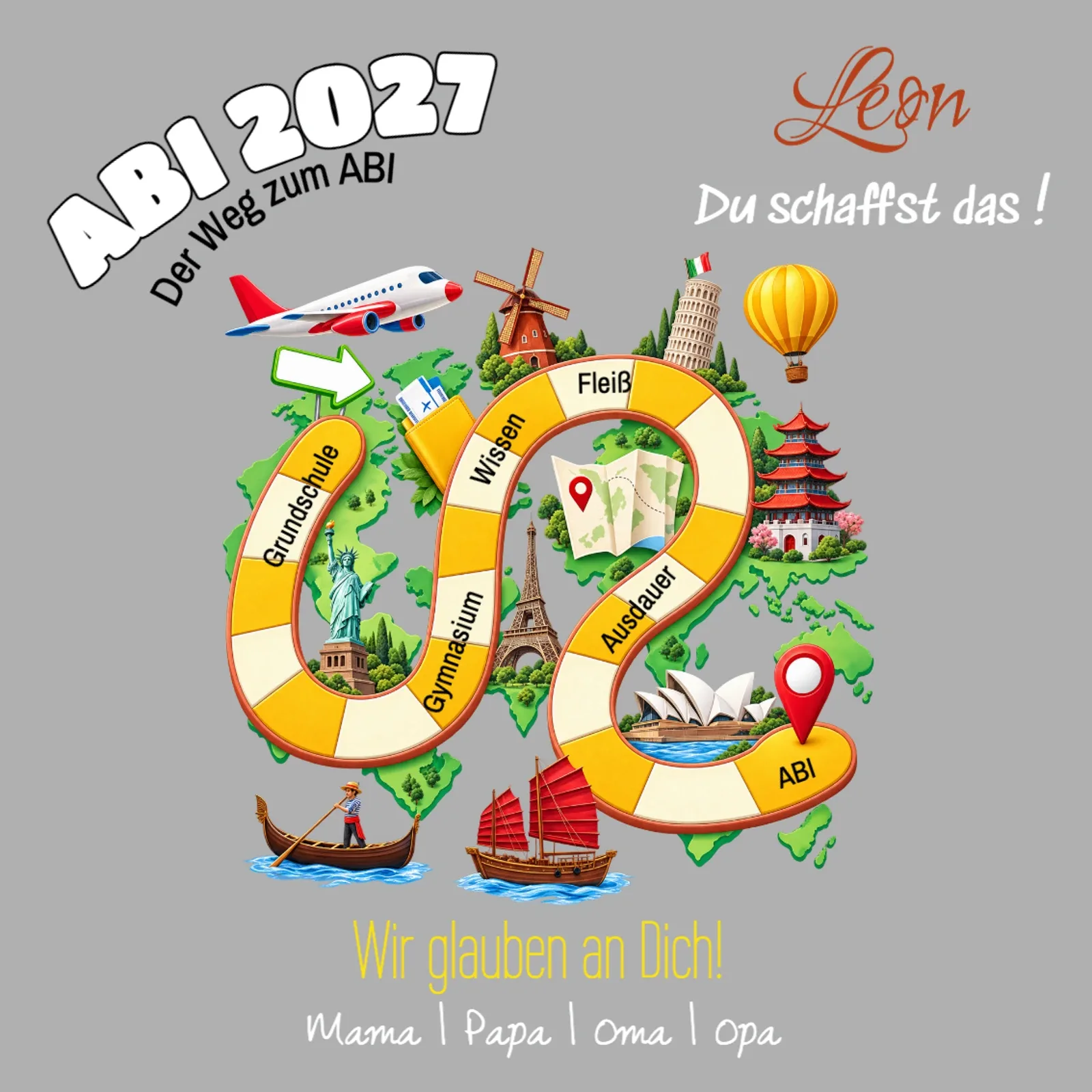 Abiplakat „Der Weg zum Abi“ Abimotiv mit einem geschwungenen Weg und Schulsymbolen