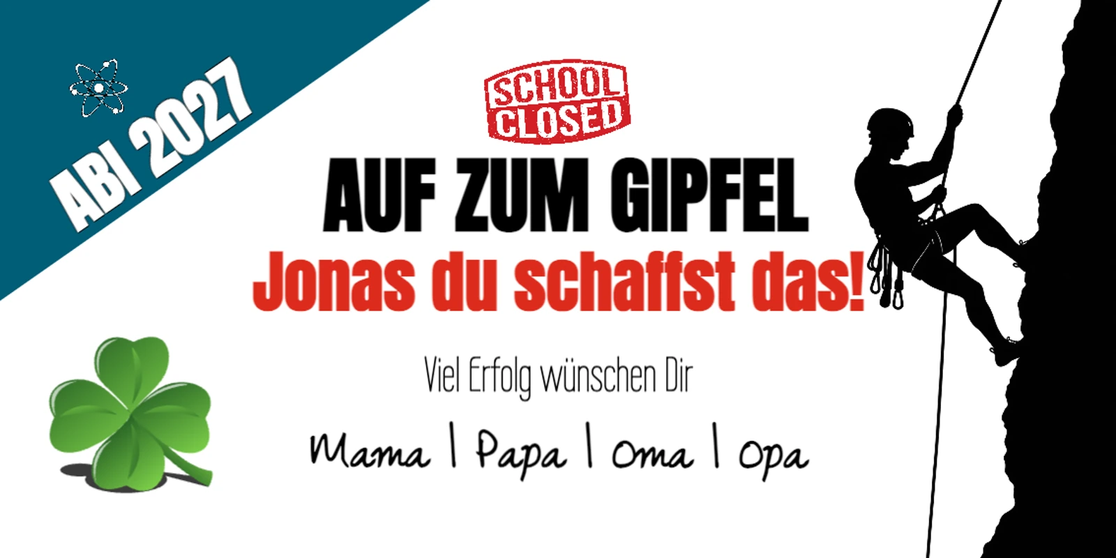 Abi-Poster „Auf zum Gipfel“ Abimotiv mit Bergsilhouette, Kletterfigur und Glücksklee