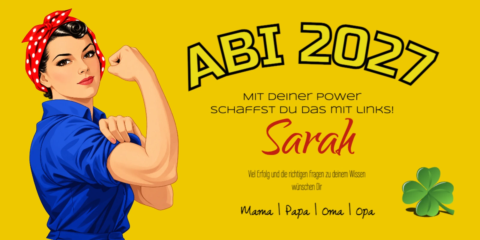 Abiplakat im Power-Stil Abimotiv mit einer starken Comicfigur auf gelbem Hintergrund